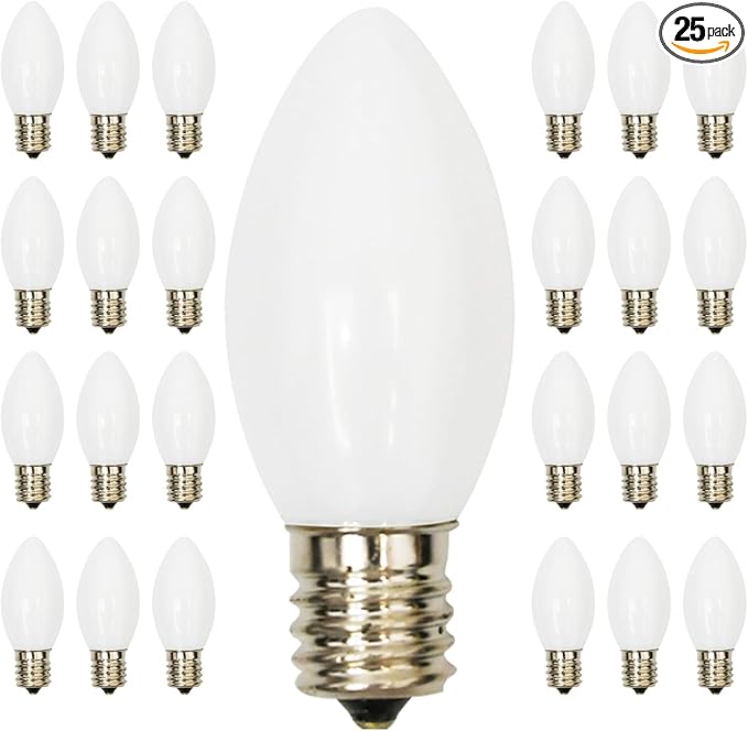 25 Pack Christmas Replacement Bulb, C9 Ceramic White Outdoor Christmas Bulb for Christmas Party String Lights, E17 Intermediate Base, 7W Night Light Bulbs for Indoor Outdoor Holiday Decor