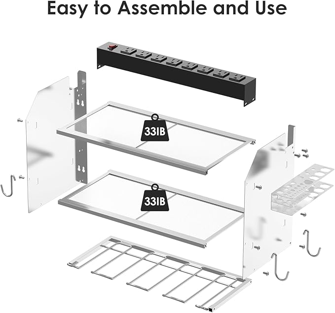 CCCEI Modular Power Tool Organizer Wall Mount with Charging Station. Garage 4 Drill Storage Shelf with Hooks, Drill Bit Heavy Duty Rack, Silver Tool Battery Holder Built in 8 Outlet Power Strip.