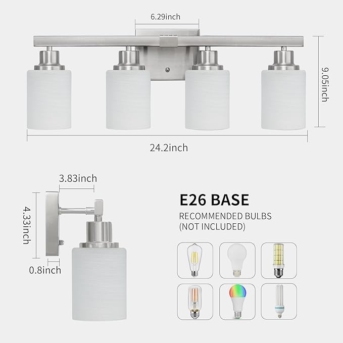 Bathroom Vanity Light, 4-Light Nickel Modern Bathroom Light Fixtures with Milky White Glass Shade, Wall Lights,Bath Vintage Wall Mounted Lamps for Mirror Bedroom Living Room Hallway Cabinet