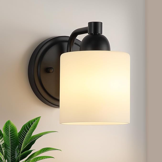 Matte Black Milk Glass Wall Sconces, 1 Pack Hardwired Indoor Wall Light Fixtures for Living Room, Hallway, Bedroom, Ceramic E26 Sockets (Bulbs Not Included)