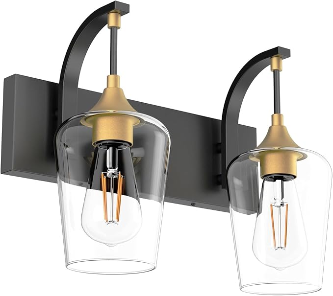 Ralbay Black/Gold Vanity Light 2 Lights Industrial Bathroom Light Fixtures Over Mirror with Clear Glass Black Bathroom Wall Mount Lighting Sconce
