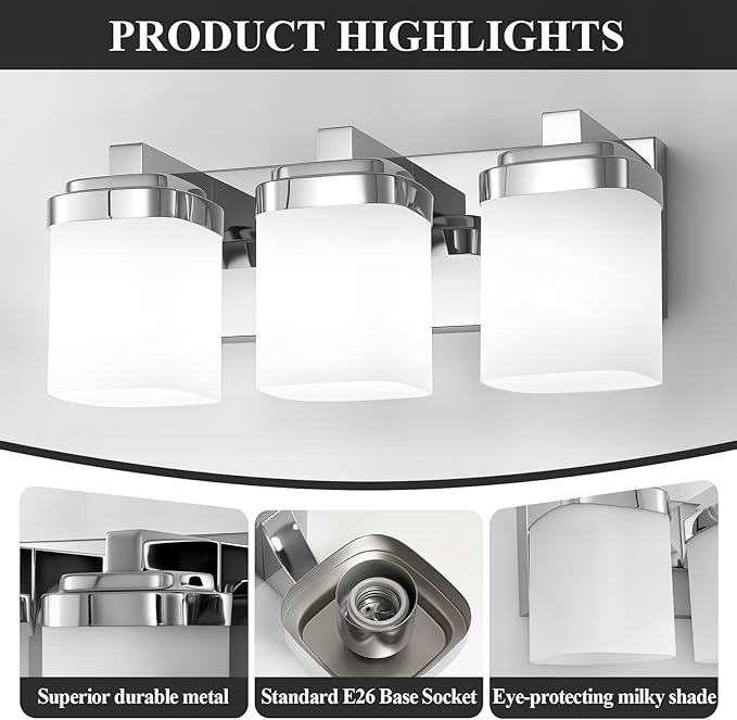 3-Light Chrome Bathroom Light Fixtures, Vanity Lights for Bathroom Mirror Lamp with Milky White Square Glass Shade, E26 Base Modern Wall Sconce Kitchen Light Fixtures Led Vanity