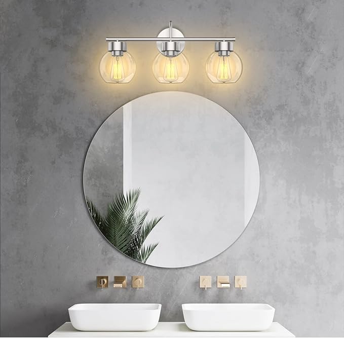 EAPUDUN 3 Light Bathroom Vanity Light, Brushed Nickel Bathroom Light Fixtures with Clear Glass Shade Wall Sconce, Porch Wall Lamp for Mirror, WLA1435-BNK