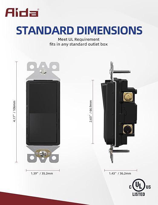 AIDA 3 Way Decorative Light Switch, Electric Switches,15Amp, 120/277 Volt, 3 Way Rocker Switch, Wall Switch Replacement, Self-Grounding, Residential and Commercial Grade, UL Listed (10 Pack,Black)