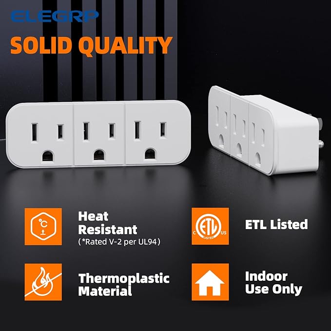 ELEGRP Triple Outlet Extender, 3-Prong Grounded Wall Tab, Multiple Outlet Extender Adapter Plug with 3 Electrical Outlets for Travel Home Hotel Office, ETL Listed, 1 Pack, White