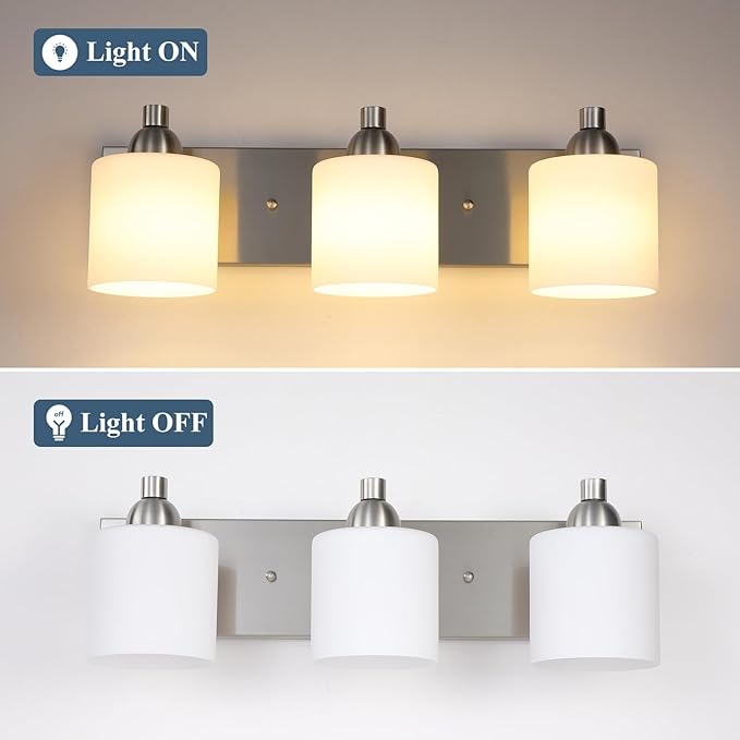 Stainless Steel Milk Glass Bathroom Vanity Light Over Mirror, 3 Light Brushed Nickel Bathroom Light Fixtures with Frosted Glass, Modern Vanity Lighting Wall Mount