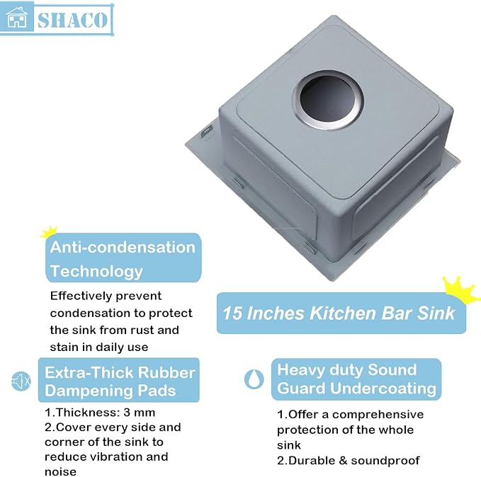 SHACO 15x15 Inch Undermount Bar Sink,15 Inch Stainless Steel Single Bowl Handmade Brushed Nickel 16 Gauge Small Kitchen Workstation Laundry Sink with Ledge and Accessories