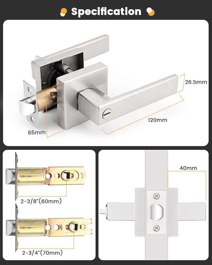 Gobrico Square 3 Pack Satin Nickel Privacy Door Locksets,Square Interior Door Levers for Bed/Bath,Thumb-Turn Button Inside