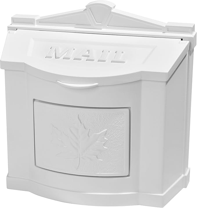 Gaines Wallmount Mailbox - Powder Coated Aluminum with Solid Brass Accents - Mounting Hardware Included (White with White Leaf)