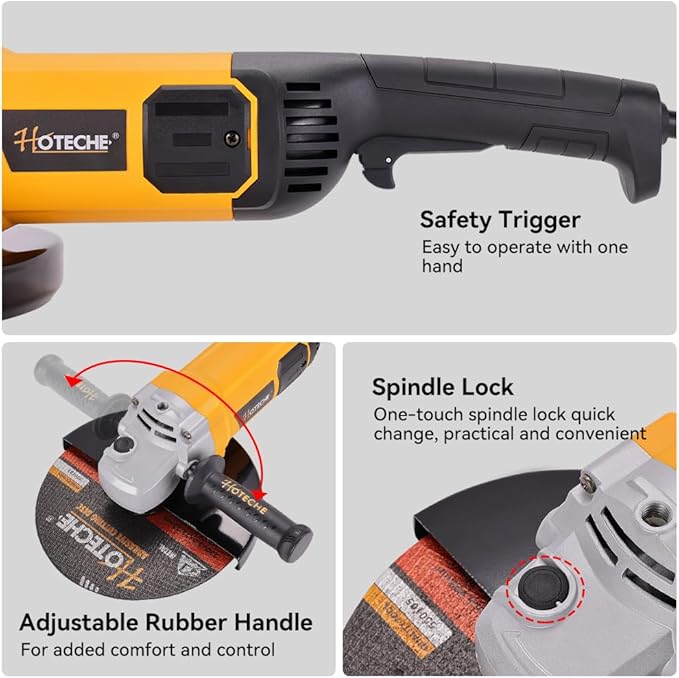 Hoteche 9-Inch Angle Grinder 3-HP Grinding and Cutting Tool Fits 7/8" Hole Size Wheels with Rotatable Handle and Lock-On Switch