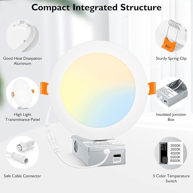 BesLowe 24 Packs 6 Inch 5CCT LED Recessed Ceiling Lights Ultra-Thin with Junction Box, 12W 150W Eqv, 3000K/3500K/4000K/5000K/6500K, 1200LM Dimmable Canless Downlights for Kitchen Hallway Dining Room