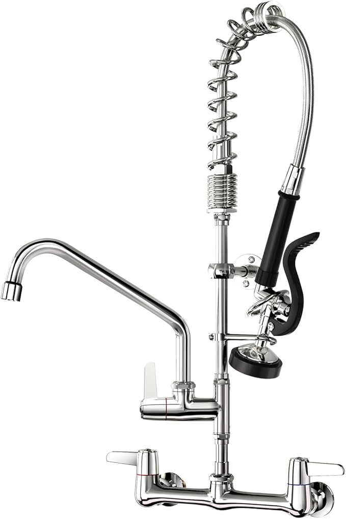 Commercial Kitchen Faucet with Sprayer for Restaurant-Chefs: BESTJEEF Commercial Sink Faucet for Cook - 25" Height 8" Center Wall Mount Kitchen Faucet with Stainless Spring Spray and 10" Add-On Spout