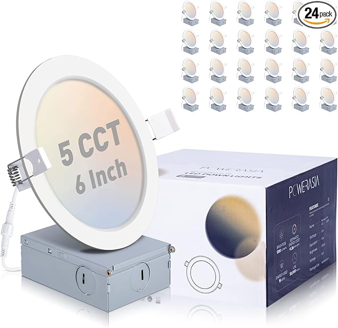 24 Pack Recessed Lighting 6 Inch with Junction Box, 5CCT 6 Inch LED Recessed Lights Dimmable 2700K-6000K, 15W 1200lm Ultra Thin Recessed Lighting - ETL and Energy Star