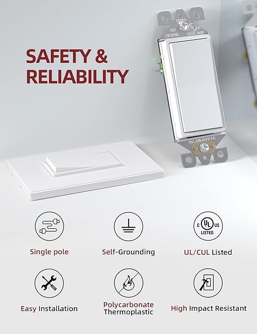 AIDA Matte White Single Pole Decors Light Switch with Screwless Wall Plate Cover, 15Amp, 120/277V, Paddle Rocker Switch Replacement, On/Off Wall Switch,Residential Grade, UL/CUL (10 Pack)