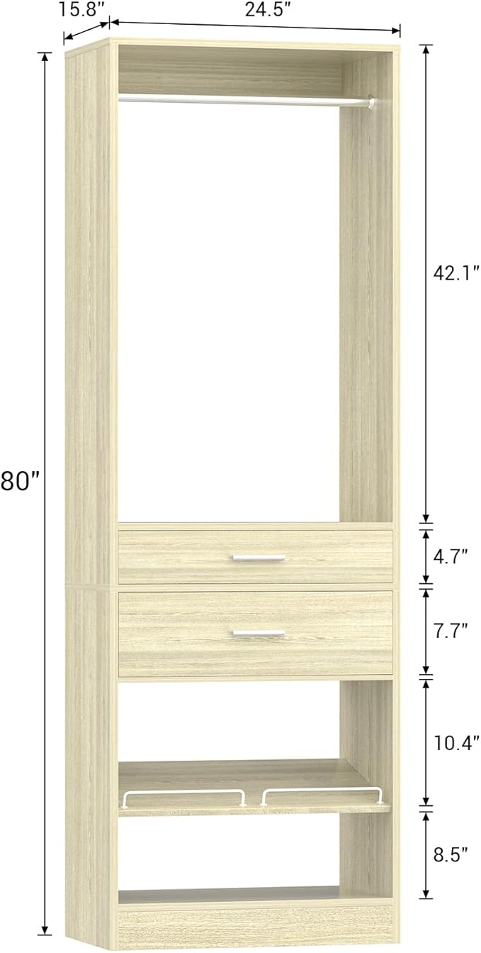 Unikito 25” W x 80'' H Closet System Organizer with Hanging Rod and 2 Wooden Drawers, Adjustable Shoes Rack, Sturdy Garment Racks, Walk-in Closet Tower for Bedroom, Mudroom, and Entryway, White Oak