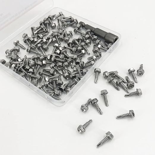 QSJ 120PCS #8 x 5/8'' Sheet Metal Screws 410 Stainless Steel Hex Washer Head Fast Self Tapping Screws with Screwdriver Bit Silver