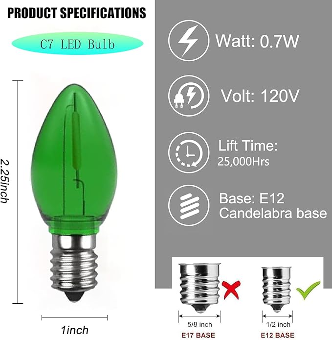 10 Pack Christmas Replacement Multicolour Bulbs,Outdoor Individual LED Bulbs for Events, Holiday Parties, Patios C7/E12 Candelabra Base,Shatterproof Plastic
