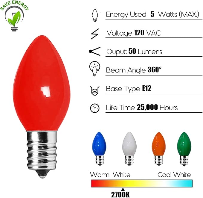Couah Christmas Light Bulbs C7 Multi-Color Replacement Bulbs（25 Pack） C7 Ceramic Outdoor String Light Replacement Bulbs, C7/E12 Candelabra Base, 5 Watt