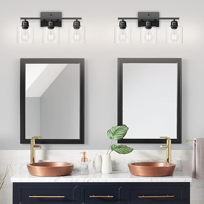 Modern 3 Light Bathroom Light Fixtures, 19 inch Black Vanity Lights for Bathroom with Clear Glass for Mirror Kitchen Living Room Hallway Cabinet Porch