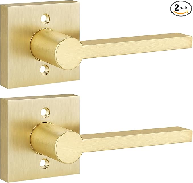 EHOMEWARE 2 Pack Satin Brass Dummy Door Handle, Interior Door Lever for Pull or Push Only, Heavy Duty Single Sided Door Handles for French or Closet Doors