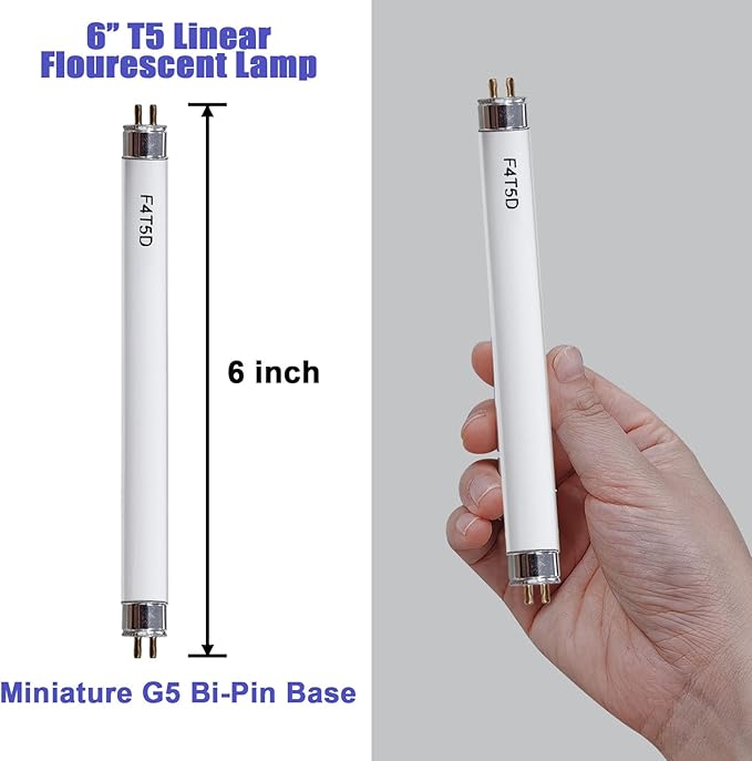 F4T5/D High Output Linear Fluorescent Bulb, 6 Inches T5 4 Watt Fluorescent Tube 6500K Daylight 125 Lumens G5 Base 6 Pack