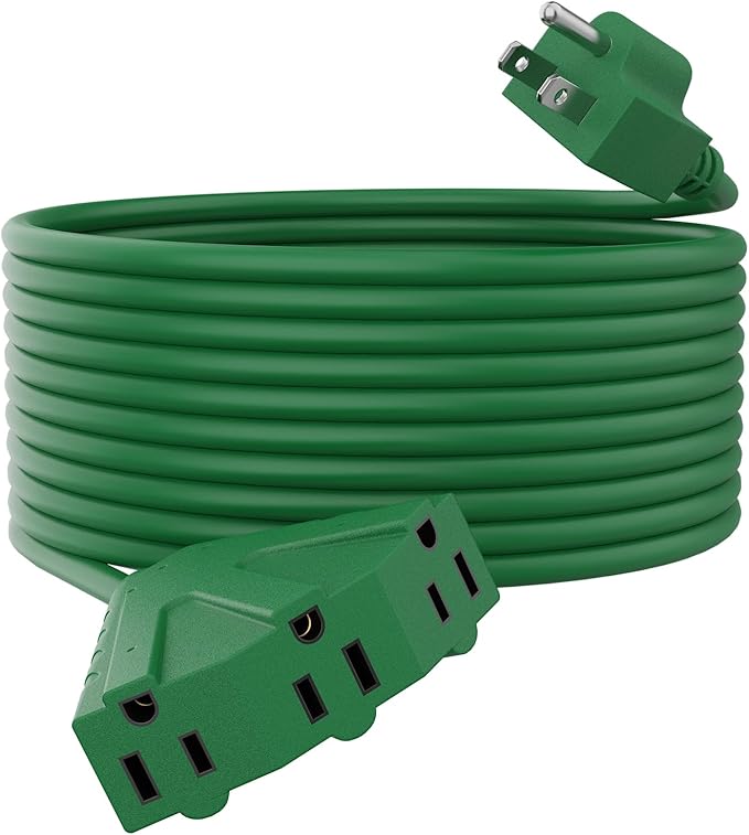PLUGTUL 50FT Outdoor Extension Cord with Multiple Outlets, 14 Gauge, 3-Outlet, SJTW, 15A 14AWG 1875W SJTW, ETL Listed - Great for Christmas Decoration Lights, Green