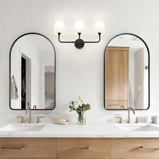 Bathroom Light Fixtures, 3-Light Matte Black Vanity Lights, Bathroom Lighting Fixtures Over Mirror with Flared White Fabric Shade, Modern Wall Sconces for Living Room Hallway