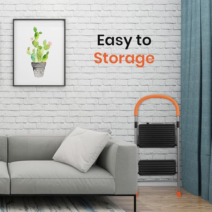 2 Step Ladder Folding Step Stool, 330lbs Heavy-Duty Steel Ladder with Anti-Slip Wide Pedals & Comfort Handgrip, Lightweight & Portable for Home, Kitchen, Garage