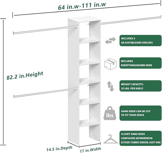 Closet System, 17" Wide Organizer with 3 Hanging Rods, Wood Tower Storage for Walk-In Closets, Wall-Mounted Wardrobe Organizer Kit, White