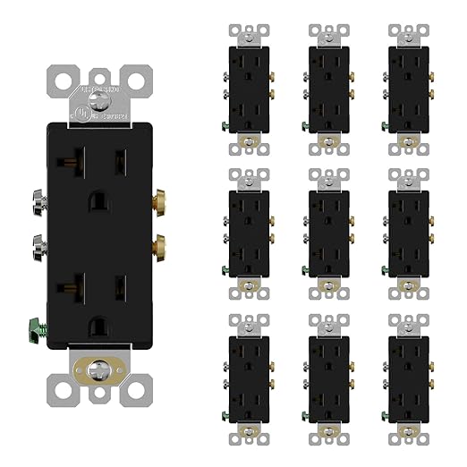 ELEGRP Glossy Black Decorator Electrical Wall Outlet Receptacle, 20A 125V Standard Outlets, 2 Pole 3 Wire, Non-Tamper Resistant, NEMA 5-20R, Self-Grounding Wall Outlet, UL Listed, 10 Pack