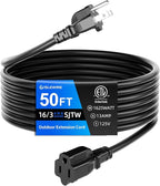 50 FT Outdoor Extension Cord Waterproof, Black, 3-Prong Power Cord, 16 AWG SJTW, 13A 1625W, Grounded, General Purpose Long Extension Cord for Lawn & Garden, ETL Listed