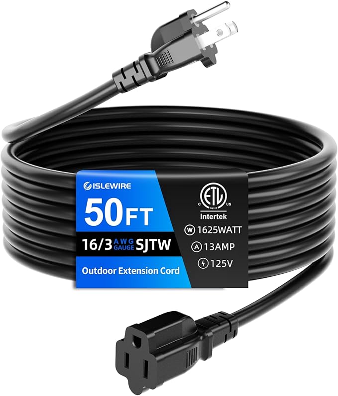 50 FT Outdoor Extension Cord Waterproof, Black, 3-Prong Power Cord, 16 AWG SJTW, 13A 1625W, Grounded, General Purpose Long Extension Cord for Lawn & Garden, ETL Listed
