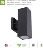 ASD 2 Light Square Outdoor Wall Light Fixture | 120W E26 Bulb Socket 120V ETL Cylinder Up Down Lights | LED/CFL/Incandescent Exterior Bulb Wall Sconce | Front Door, Porch, Patio | Black, 2 Pack