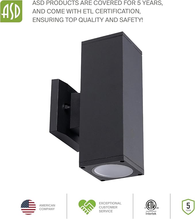 ASD 2 Light Square Dusk to Dawn Outdoor Wall Light Fixture | 120W E26 Bulb Socket 120V ETL Cylinder Up Down Lights | LED/CFL/Incandescent Bulb Wall Sconce | Front Door, Porch, Patio | Black
