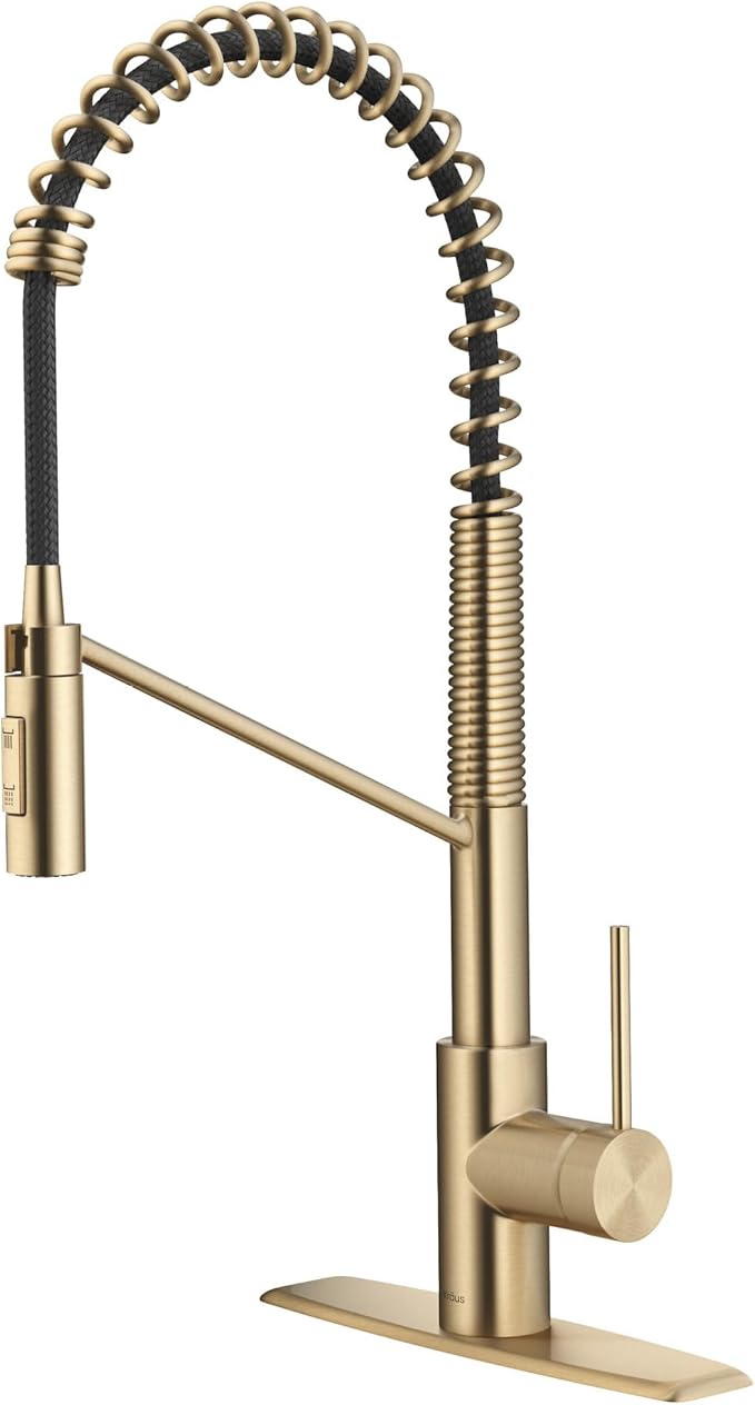 KRAUS Oletto Commercial Style Single Handle Pull Down Kitchen Faucet with QuickDock Top Mount Installation Assembly in Spot Free Antique Champagne Bronze, KPF-2631SFACB