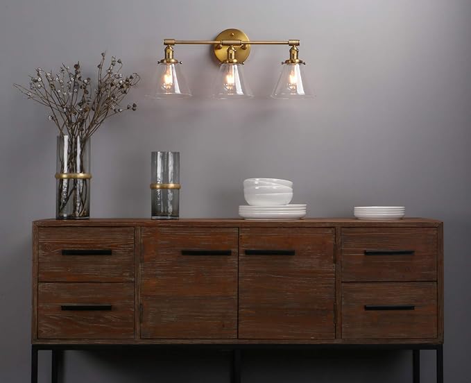 Phansthy 3-Light Wall Sconces Antique Brass Vanity Light, Industrial Wall Lamps with On Off Switch and Clear Glass Lampshade, Vintage Wall Lighting for Bathroom Living Room (Antique, Cone Shade)