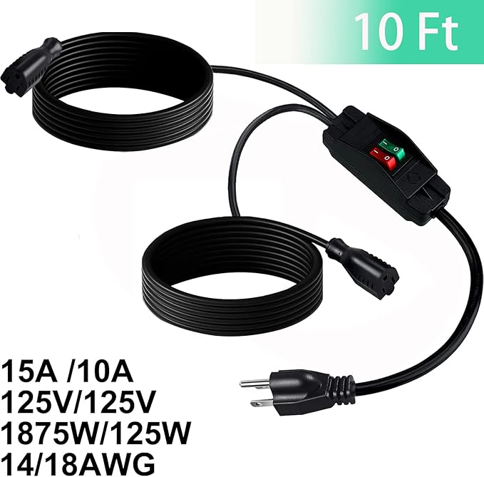 2 Way Extension Cord with On/Off Switch 3 Prong Outdoor Extension Cord Splitter, Heavy Duty Extension Cord with SJTW 14AWG 15A/125V and 18AWG 10A/125V(10 Ft, Black)