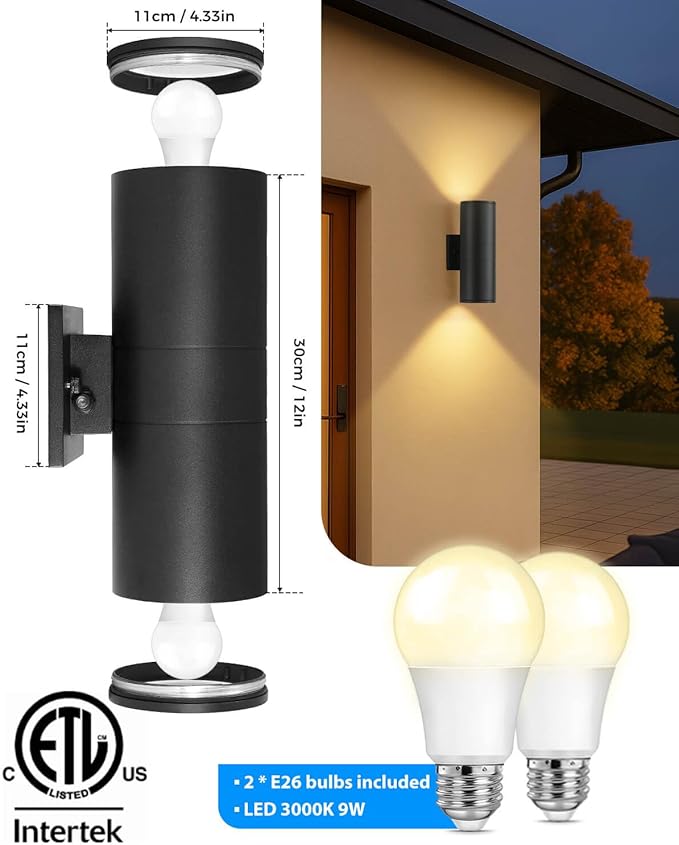 KIZON Modern Outdoor Wall Lights with Dusk to Dawn Sensor, Cylinder Outdoor Light Fixture Wall Mount with Matte Black Finish, Outside Sconce Lights for House Porch with Bulbs Included, ETL Listed