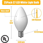 SUNSGNE C7 LED White Replacement Christmas Light Bulbs - 0.6W LED E12 Candelabra Base Bulbs - Perfect for Salt Lamps, Night Lights and Decorative Lights - Pack of 25