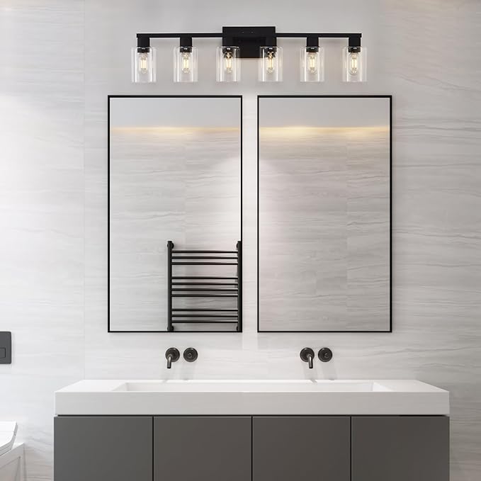 Black Bathroom Light Fixtures, 6-Light Bathroom Lighting Fixtures Over Mirror with Clear Glass Shade, Matte Black Vanity Lights, 6 Light Count Large Vanity Light Fixture for Bath, Mirror,Wall Sconce