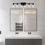 Black Bathroom Light Fixtures, 6-Light Bathroom Lighting Fixtures Over Mirror with Clear Glass Shade, Matte Black Vanity Lights, 6 Light Count Large Vanity Light Fixture for Bath, Mirror,Wall Sconce