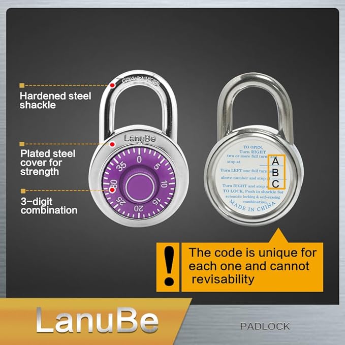 LanuBe Standard Dial Combination Lock, 2 inches. Wide, with Different Combinations, Purple Turnplate, Pack of 48; Lock for School, Employee, Gym Sports Locker, Case, Toolbox