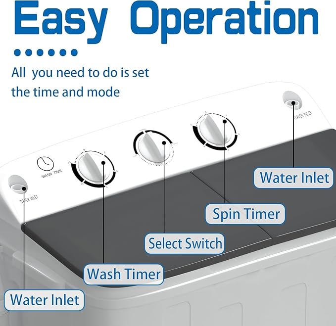 Sportpulse Mini Twin Tub 18lbs Portable Washing Machine, 11lbs Washer & 7lbs Spinner, Small Laundry Washer with Time Control for Camping, Apartments, RV (Black, 18lbs)
