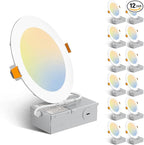 Amico 12 Pack 6 Inch 3CCT Ultra-Thin LED Recessed Ceiling Light with Metal Junction Box, 3000K/4000K/5000K Selectable, 12W Eqv 100W, Dimmable LED Canless Wafer Downlight, 1000LM-ETL&FCC