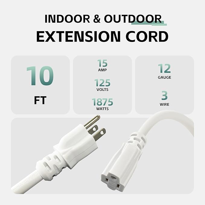 10 Ft Outdoor Extension Cord - 12/3 SJTW Heavy Duty White Extension Cable with 3 Prong Grounded Plug - Power Cord for Lawn, Garden, Appliances