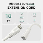 10 Ft Outdoor Extension Cord - 12/3 SJTW Heavy Duty White Extension Cable with 3 Prong Grounded Plug - Power Cord for Lawn, Garden, Appliances