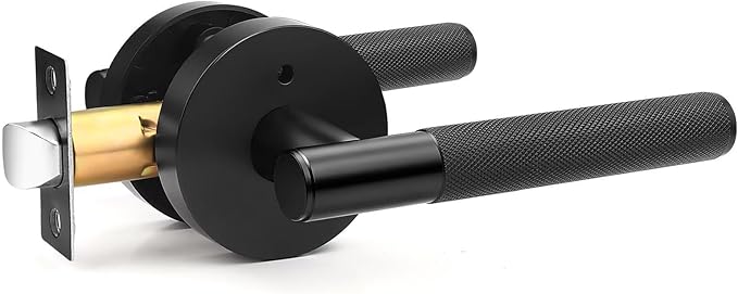 Black Interior Door Handle Locking, 1 Pack Knurled Privacy Modern Door Lever, Keyless Bed and Bath Door Lock, Round Reversible Handle