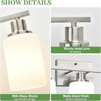 3-Light Bathroom Light Fixtures, Brushed Nickel Vanity Light with Milky White Shades, Bathroom Lighting Fixtures Over Mirror, Modern Bathroom Wall Lamp for Mirror Living Room Cabinet Bedroom