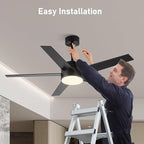 52 Inch Modern Ceiling Fan with Light, 5 Blades, Remote Control, Reversible DC Motor, Stepless Dimmable, Noiseless for Indoor and Use, Black