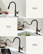 Black Stainless Kitchen Sink Faucet with Pull Down Sprayer, DAYONE Single Handle 1 Hole High Arc Flow 360° Swivel Kitchen Faucets with Soap Dispenser, APS136BS